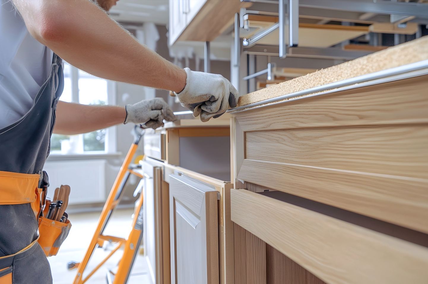 Carpenter installing custom kitchen cabinets
